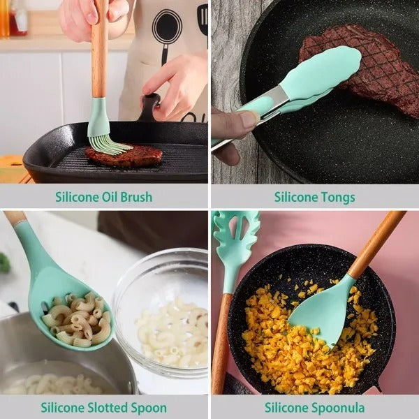 11Pcs Silicone Cooking Utensil Set Heat Resist Wooden Handle Silicone Spatula Ladle Spaghetti Server Tongs Spoon Egg Whisk Kitchenware Set W