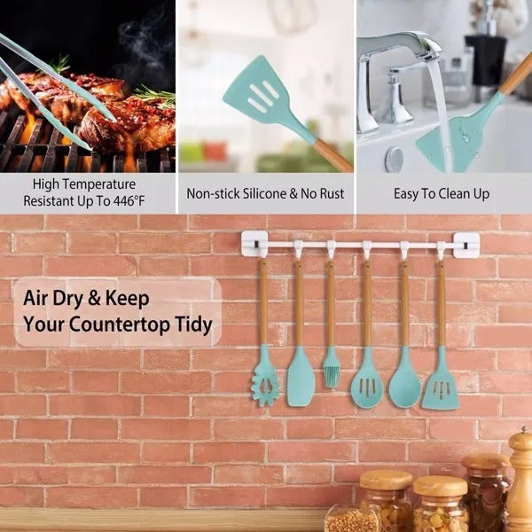 11Pcs Silicone Cooking Utensil Set Heat Resist Wooden Handle Silicone Spatula Ladle Spaghetti Server Tongs Spoon Egg Whisk Kitchenware Set W