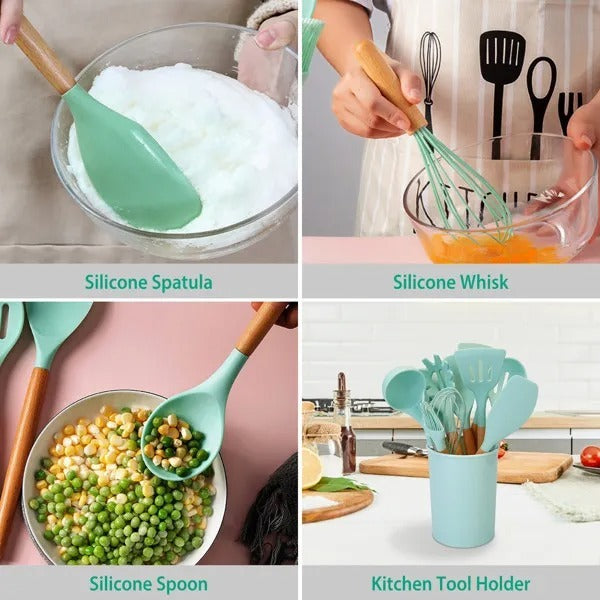 11Pcs Silicone Cooking Utensil Set Heat Resist Wooden Handle Silicone Spatula Ladle Spaghetti Server Tongs Spoon Egg Whisk Kitchenware Set W