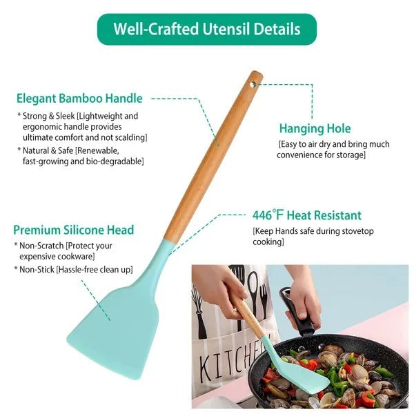 11Pcs Silicone Cooking Utensil Set Heat Resist Wooden Handle Silicone Spatula Ladle Spaghetti Server Tongs Spoon Egg Whisk Kitchenware Set W