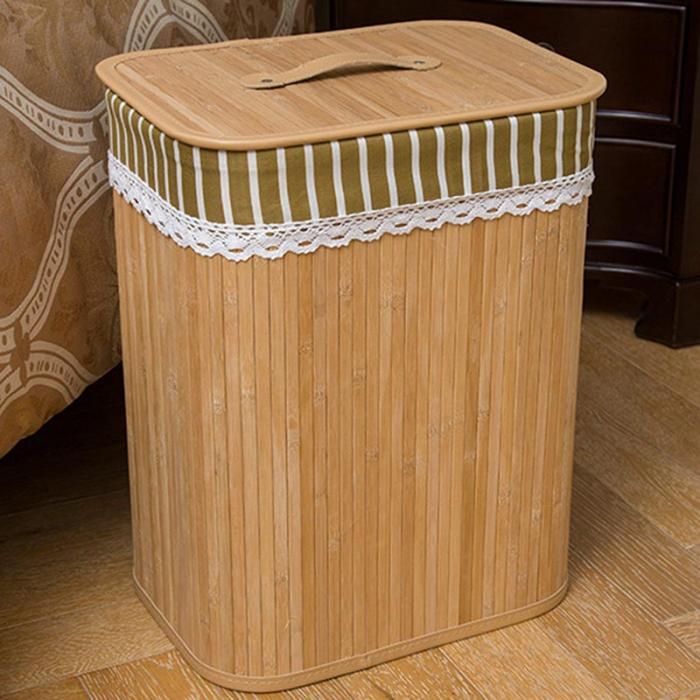 Folding Bamboo Storage Basket Large Storage Laundry Bin Box with Lid and Removable Lace