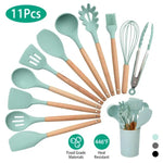 11Pcs Silicone Cooking Utensil Set Heat Resist Wooden Handle Silicone Spatula Ladle Spaghetti Server Tongs Spoon Egg Whisk Kitchenware Set W